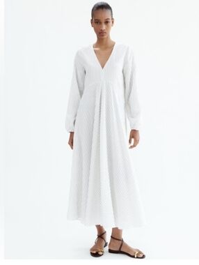 ZARA OYSTER WHITE LONG STRIPED BALLOON SLEEVES DRESS WITH SIDE POCKETS XS